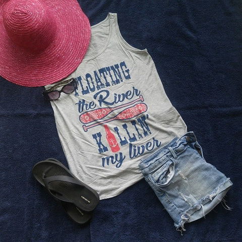 Floating the River, Killin' My Liver Light Heather Grey Tank Top - Boot Lovers