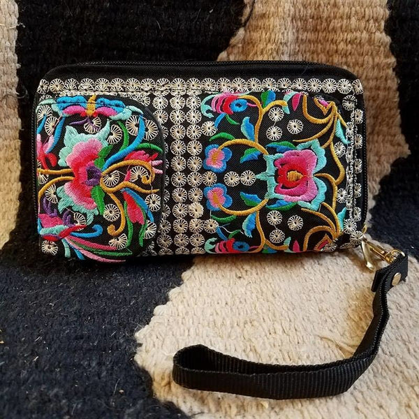 Beautifully embroidered wristlet wallet with removable strap. - Boot Lovers