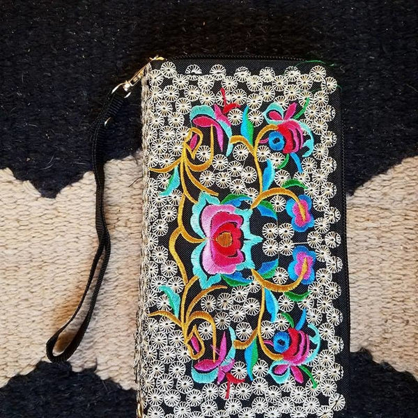 Beautifully embroidered wristlet wallet with removable strap. - Boot Lovers